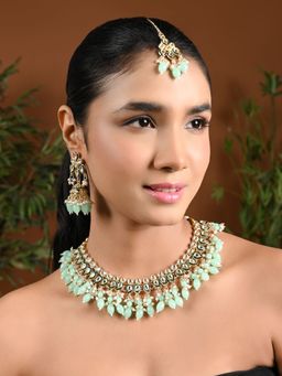 I Jewels - Gold Plated Traditional Kundan Mint Green Pearl Necklace Set K7263G