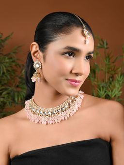 I Jewels - Gold Plated Pink Traditional Kundan Pearl Choker Necklace Jewellery Set K7264Pi