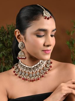 I Jewels - Gold Plated Maroon Traditional Kundan Pearl Choker Necklace Jewellery Set K7267M