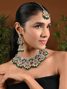 I Jewels - Gold Plated Green Traditional Kundan Pearl Necklace Jewellery Set K7270G