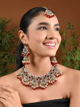 I Jewels - Gold Plated Maroon Traditional Kundan Pearl Necklace Jewellery Set K7270M