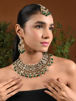 I Jewels - Gold Plated Traditional Green Foral Choker Necklace Jewellery Earrings Set K7272G