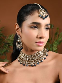 I Jewels - Gold Plated Traditional Blue Floral Choker Necklace Jewellery Set K7272Mo