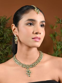 I Jewels - Gold Plated Traditional Green Meenakari Kundan Necklace Jewellery Set