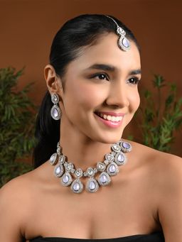 I Jewels - Silver Plated Traditional Stone Choker Necklace Jewellery with Earrings Set