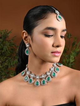 I Jewels - Silver Plated Traditional Stone Choker Necklace Jewellery with Earrings Set