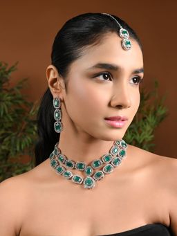 I Jewels - Silver Plated Traditional Stone Choker Necklace with Earring and Maang Tikka Set