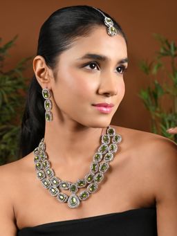 I Jewels - Silver Plated Traditional Stone Choker Necklace with Earring and Maang Tikka Set