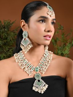I Jewels - Gold Plated Green Kundan and Pearl Meenakari Jewellery Set