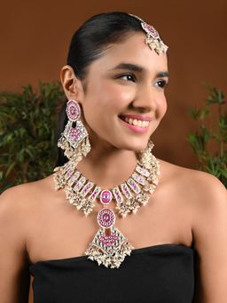 I Jewels - Gold Plated Wine Kundan and Pearl Meenakari Jewellery Set