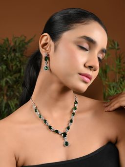 I Jewels - Silver Plated Cubic Zirconia American Diamond Necklace & Earring Jewellery Set Green