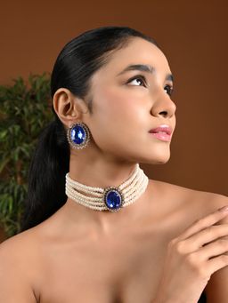 I Jewels - Gold Plated Traditional Stone Studded Pearl Choker Necklace Jewellery Set Blue