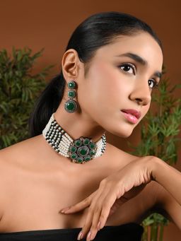 I Jewels - Traditional Royal Kundan Pearl Stone Multistrand Green Choker Necklace Jewellery Set Green