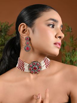 I Jewels - Traditional Royal Kundan Pearl Stone Multistrand Pink Choker Necklace Jewellery Set Pink