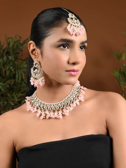 I Jewels - Gold Plated Traditional Kundan & Pearl Choker Necklace Jewellery Set Pink