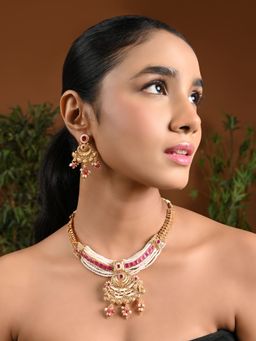 I Jewels - Gold Plated Traditional Antique Brass Pearl Necklace Jewellery With Earring Set