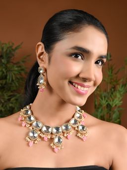 I Jewels - Traditional Kundan Pearl Necklace Jewellery Set Pink