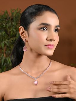 I Jewels - Pink Rose Gold Plated Stones Necklace and A Pair Of Earrings (Set of 2)
