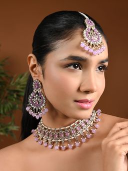 I Jewels - Purple Gold Plated Kundan Necklace, Maang Tikka and A Pair Of Earring (Set of 3)