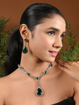 I Jewels - Silver Plated Stylish Design Crystal Diamond Necklace with Earrings (IJ393ZG)