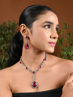 I Jewels - Silver Plated Stylish Design Crystal Diamond Necklace with Earrings (IJ393ZWi)