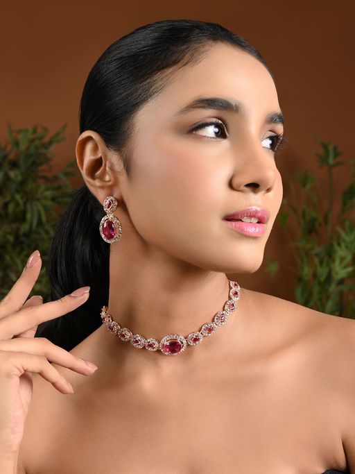 I Jewels Rose Gold Plated Stylish Design Crystal Diamond Necklace & Earrings (IJ395RGWi)
