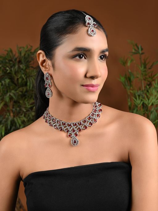 I Jewels Rose Gold Plated Stylish Design Crystal Diamond Necklace & Earrings (IJ396ZM)