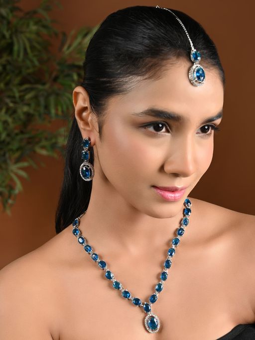 I Jewels Silver Plated Stylish Design Crystal Diamond Necklace with Earrings & Maangtikka (IJ397ZMO)