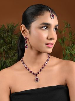 I Jewels - Silver Plated Stylish Design Crystal Diamond Necklace with Earrings & Maangtikka (IJ397ZWi)