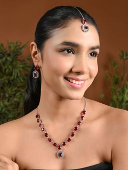 I Jewels - Silver Plated Stylish Design Crystal Diamond Necklace & Earrings with Maangtikka (IJ399ZM)