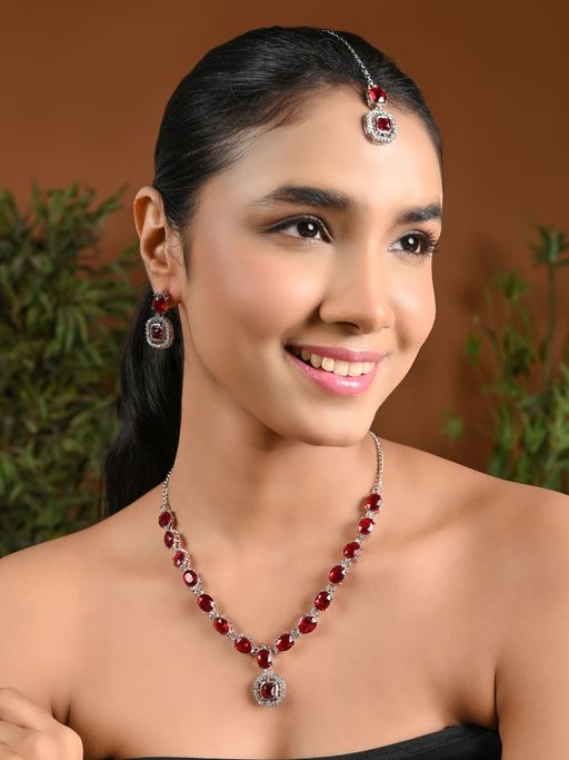 I Jewels Silver Plated Stylish Design Crystal Diamond Necklace & Earrings with Maangtikka (IJ399ZM)