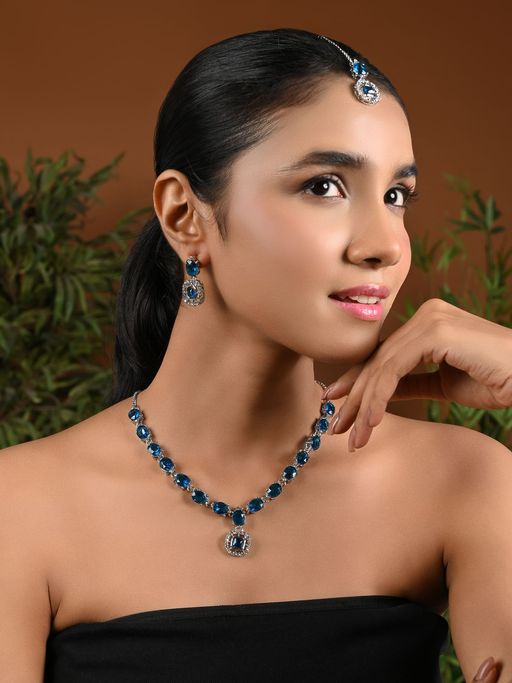 I Jewels Silver Plated Stylish Design Crystal Diamond Necklace & Earrings with Maangtikka (IJ399ZMO)