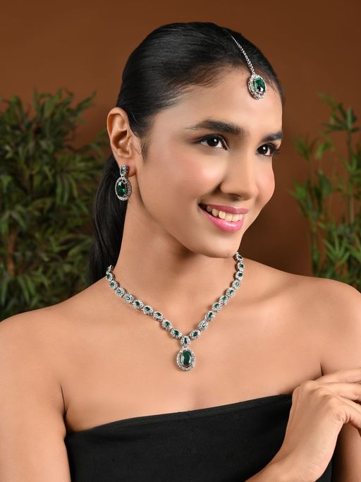 I Jewels Silver Plated Stylish Design Crystal Diamond Necklace with Earrings & Maangtikka (IJ400ZG)