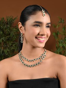 I Jewels - Gold Plated Crystal Diamond Multi Layer Necklace, Earrings & Maangtikka (IJ403G)