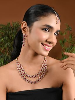 I Jewels - Gold Plated Crystal Diamond Multi Layer Necklace, Earrings & Maangtikka (IJ403Q)