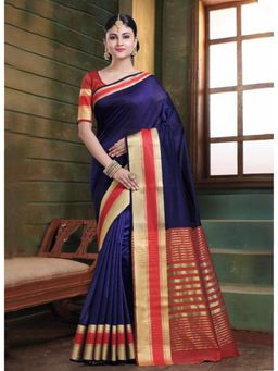 Sangam Prints - Navy Blue Cotton Handloom Woven Work Traditional Saree with Unstitched Blouse