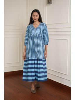 The Quince Life - Women Blue Skyline Stripes Printed Fit and Flare Dress