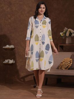 Kami Kubi - Women Off White Shirt Style Ikat Printed Cotton Flex Dress