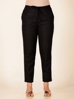 ARAMYA - Women Black Linen Cotton Solid Pant