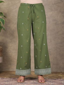 ARAMYA - Women Olive Soft Cotton Geometric Printed Palazzo