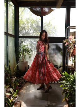 Anuvas - Women Pink Floral Printed Cotton Dress with Belt