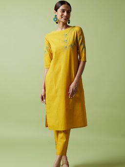 Okhai - Yellow Harvest Hand Embroidered Mirror Work Pure Cotton Kurta Pant (Set of 2)