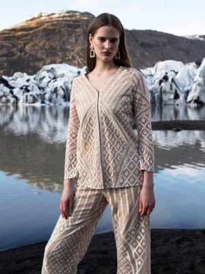 Buy dash and dot Nude Embroidered V-Neck Top Online