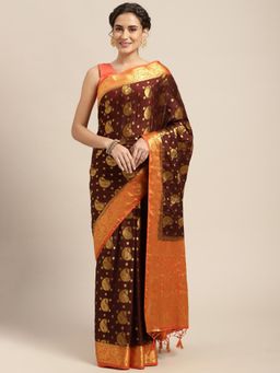 Mimosa - Women's Mysore Silk Pure Crepe Burgundy Saree with Unstitched Blouse