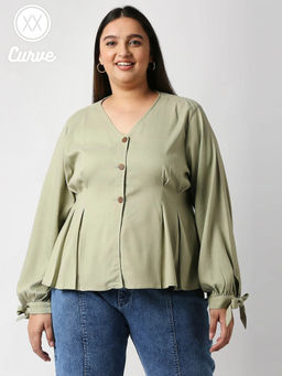 Twenty Dresses by Nykaa Fashion - Curve Green Solid V Neck Peplum Top