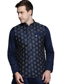 Manyavar - Blue Art Silk Festive Self Design Nehru Jacket