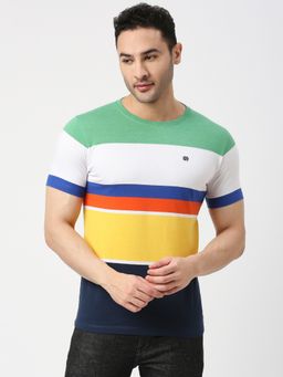 Dragon Hill - Half Sleeves Multi Coloured Striped Round Neck T-shirt