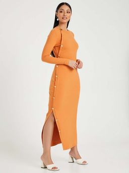 Styli - Orange Long Sleeves Side Button Detail Maxi Dress