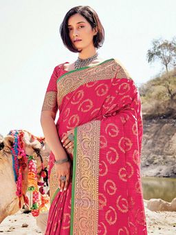 Odette - Womens Pink Banarasi Silk Woven Design Saree with Unstitched Blouse