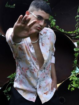 Campus Sutra - Mens Ecoliva Peach Pink Faded Botanical Shirt